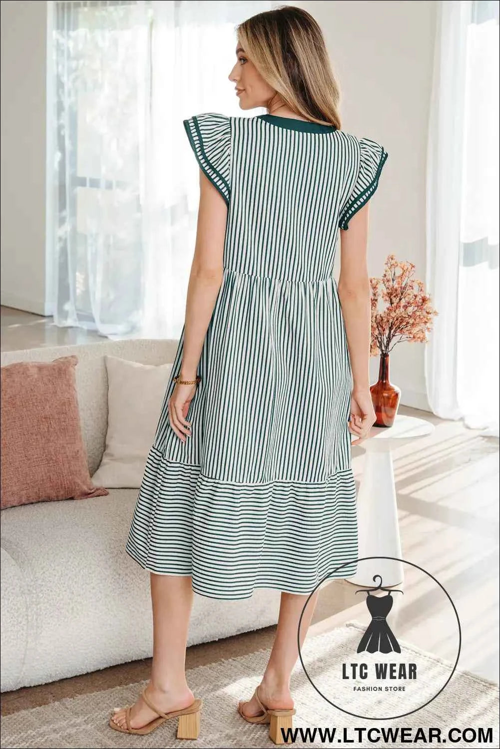 Green Stripe Double Ruffled Short Sleeve Contrast Trim V Neck Midi Dress