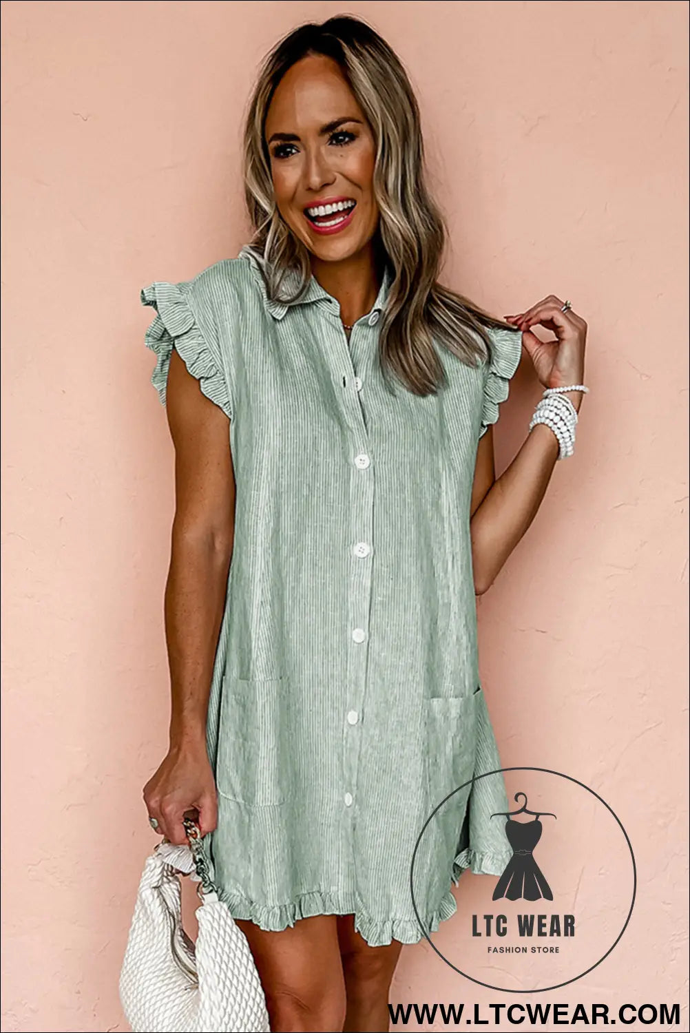 Green stripe frill trim pocket button up mini dress - mini dresses