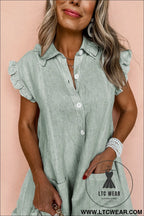 Green stripe frill trim pocket button up mini dress - mini dresses