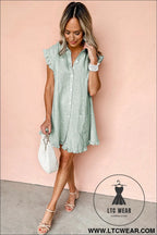 Green stripe frill trim pocket button up mini dress - mini dresses