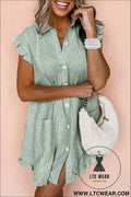 Green stripe frill trim pocket button up mini dress - green stripe / l / 100% cotton - mini dresses