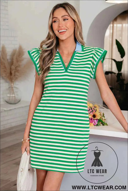 Green Stripe Print Contrast Collar Split Neck Flutter Sleeve Short Dress