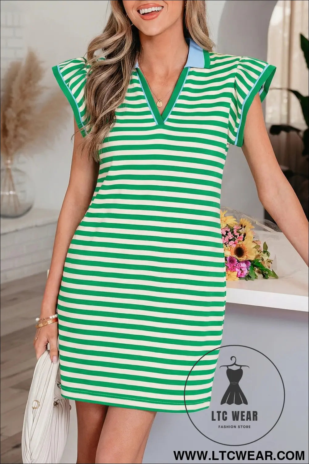 Green Stripe Print Contrast Collar Split Neck Flutter Sleeve Short Dress - L.T.C Wear Online Fashion Store