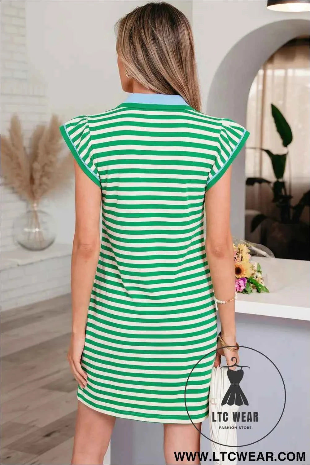 Green Stripe Print Contrast Collar Split Neck Flutter Sleeve Short Dress