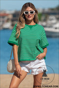 Green stripe ribbed patchwork seam detail half sleeve tee - green stripe / l / 95% cotton + 5% elastane - tops & tees