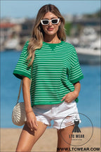 Green stripe ribbed patchwork seam detail half sleeve tee - green stripe / l / 95% cotton + 5% elastane - tops & tees
