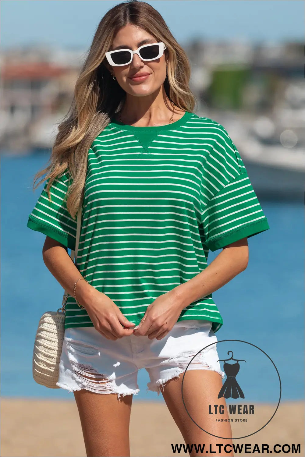 Green stripe ribbed patchwork seam detail half sleeve tee - tops & tees