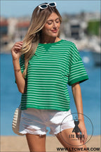 Green stripe ribbed patchwork seam detail half sleeve tee - tops & tees