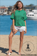 Green stripe ribbed patchwork seam detail half sleeve tee - tops & tees