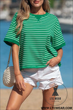 Green stripe ribbed patchwork seam detail half sleeve tee - tops & tees
