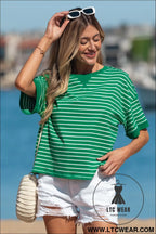 Green stripe ribbed patchwork seam detail half sleeve tee - tops & tees