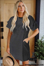 Striped Ruffle Sleeve T-Shirt Shift Mini Dress