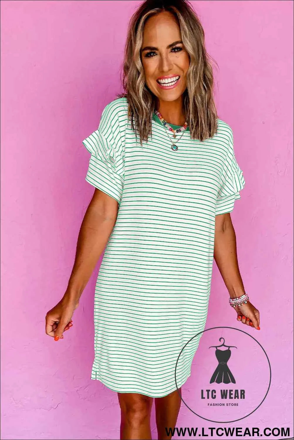 Striped Ruffle Sleeve T-Shirt Shift Mini Dress