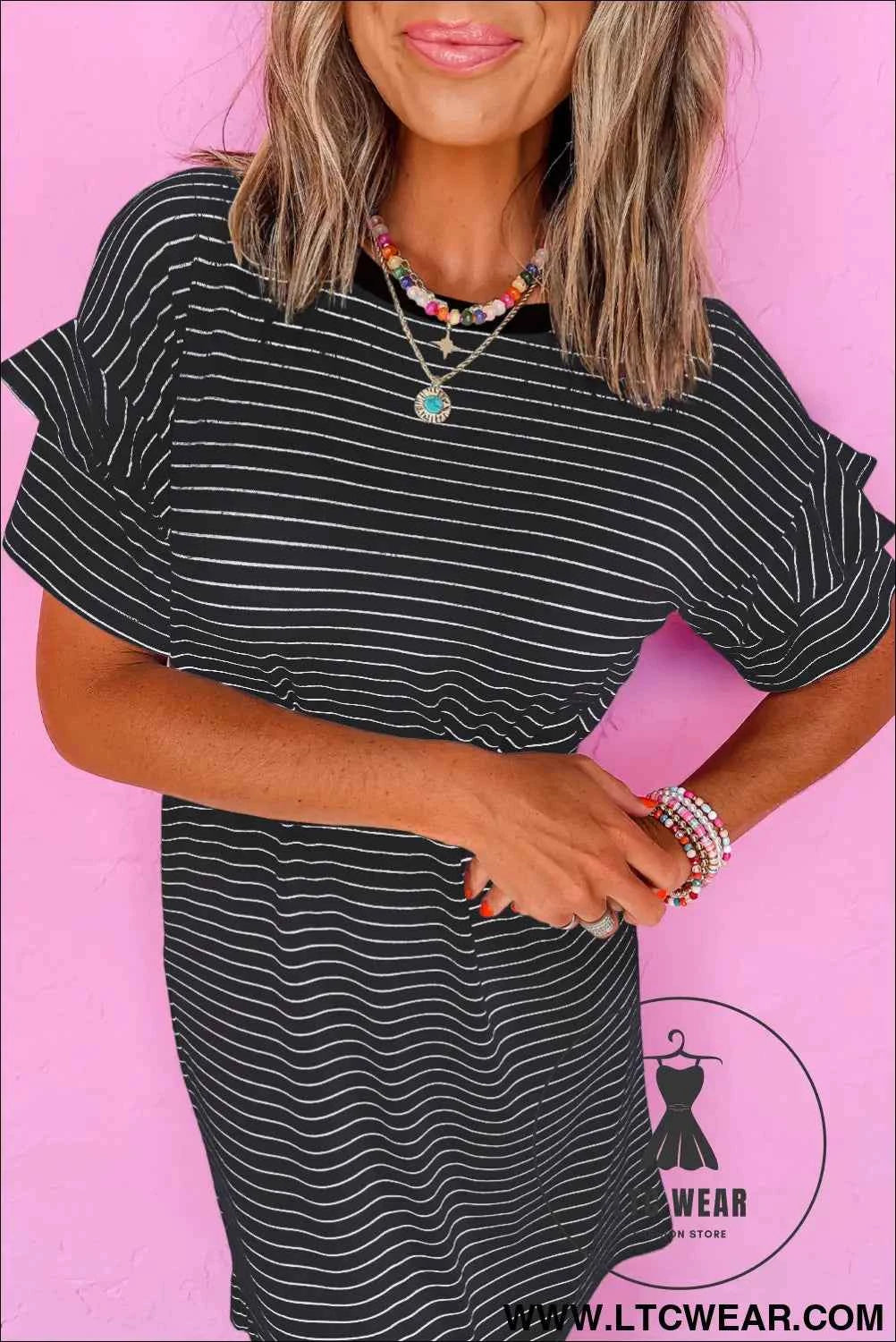 Striped Ruffle Sleeve T-Shirt Shift Mini Dress