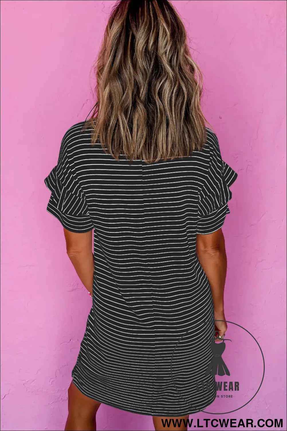 Striped Ruffle Sleeve T-Shirt Shift Mini Dress