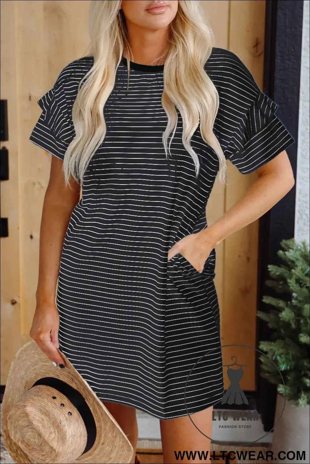 Striped Ruffle Sleeve T-Shirt Shift Mini Dress