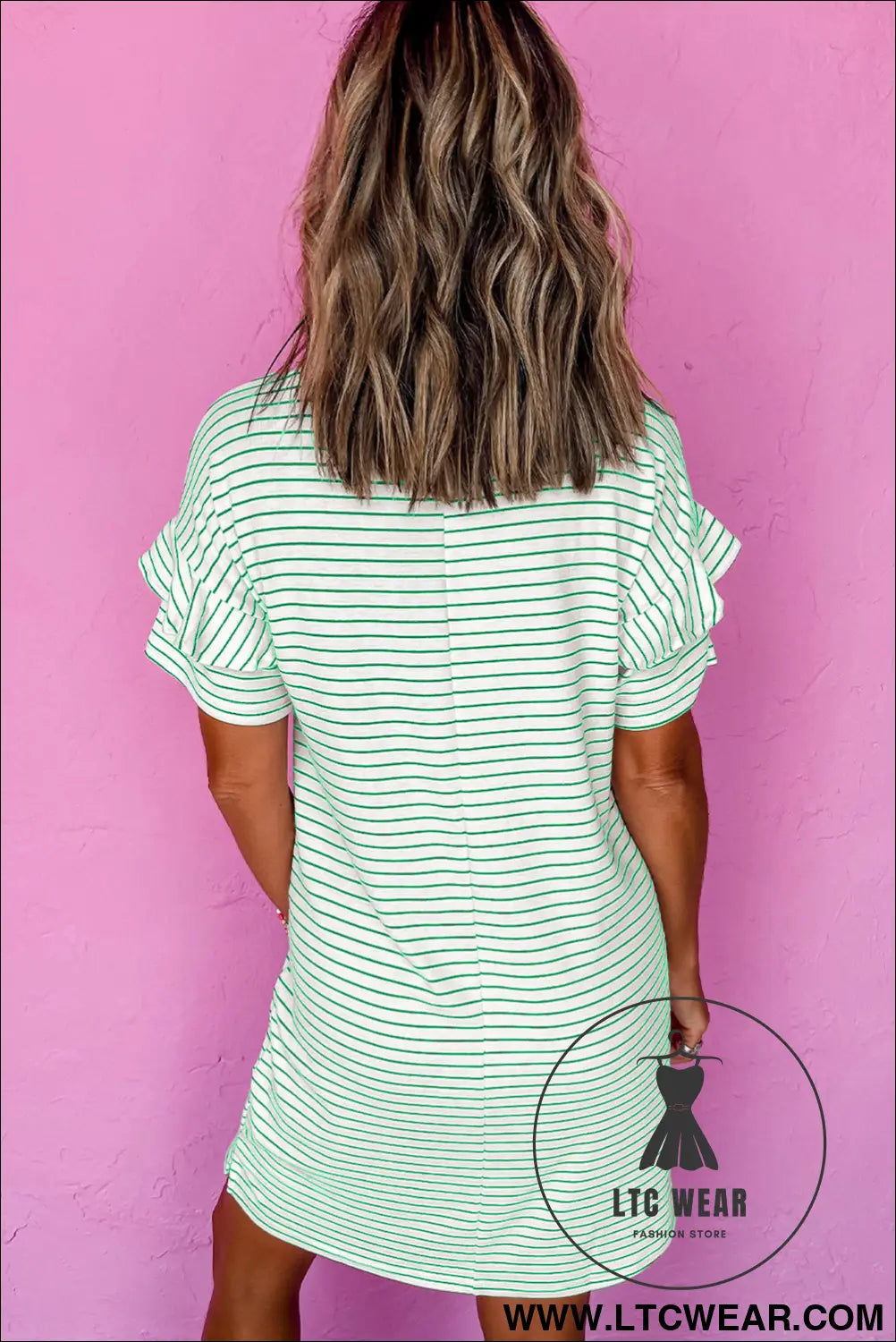 Green Stripe Ruffled Short Sleeve Crew Neck T Shirt Shift Mini Dress - L.T.C Wear Online Fashion Store