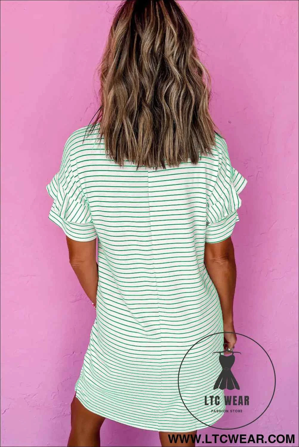 Striped Ruffle Sleeve T-Shirt Shift Mini Dress