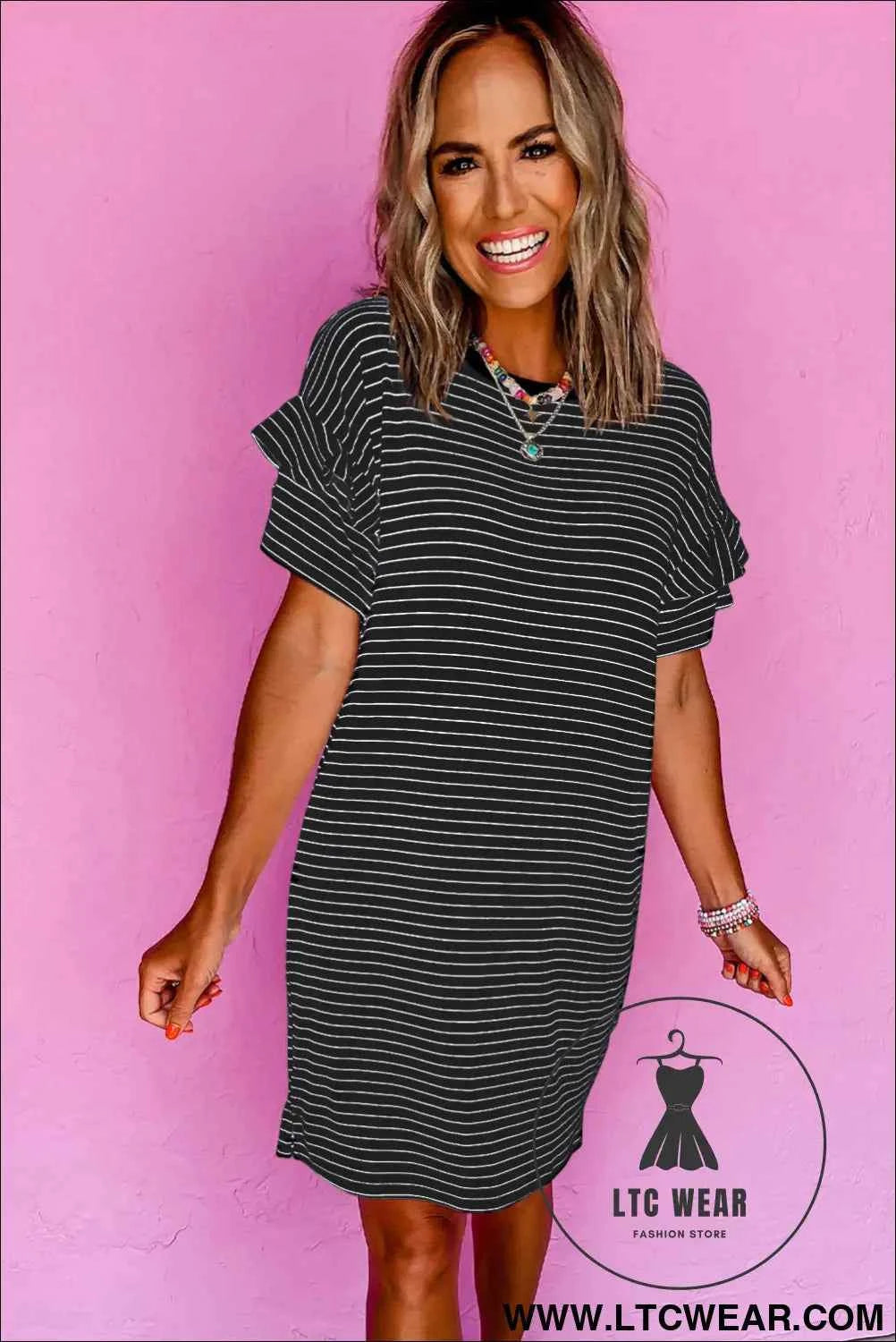 Striped Ruffle Sleeve T-Shirt Shift Mini Dress