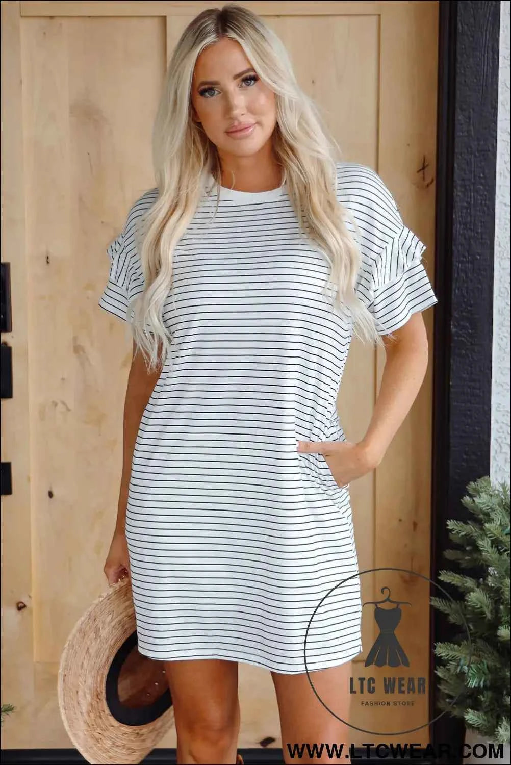 Striped Ruffle Sleeve T-Shirt Shift Mini Dress