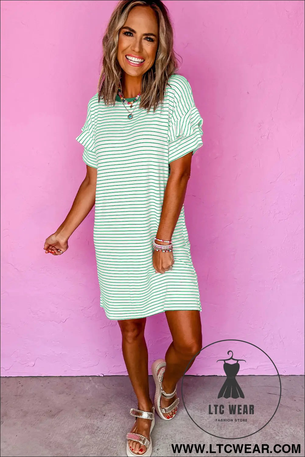 Green Stripe Ruffled Short Sleeve Crew Neck T Shirt Shift Mini Dress - L.T.C Wear Online Fashion Store