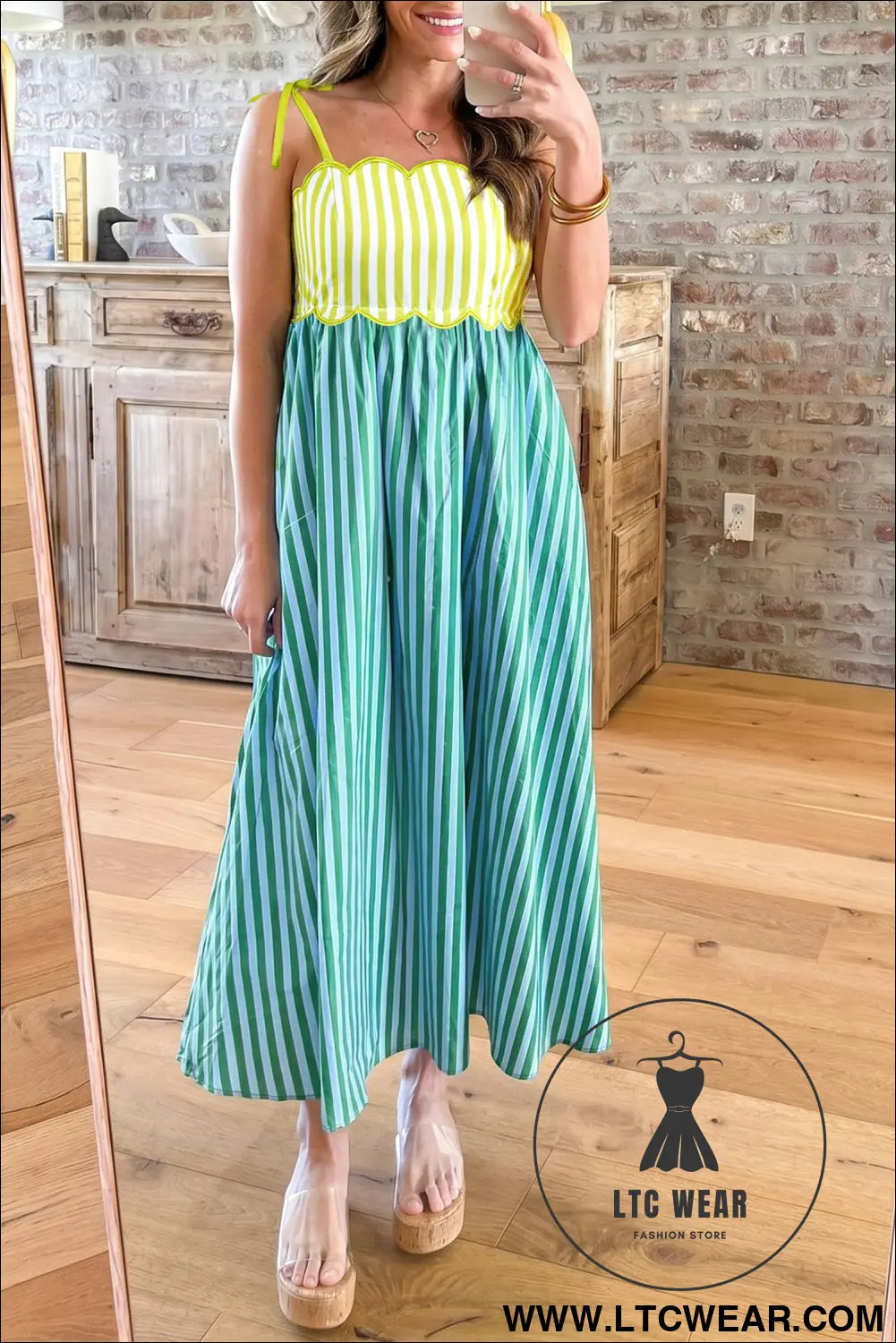 Green stripe scalloped contrast patchwork knot strap midi dress - green stripe / l / 100% polyester - maxi dresses