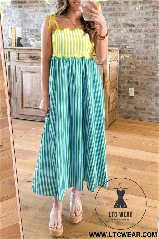 Green stripe scalloped contrast patchwork knot strap midi dress - green stripe / l / 100% polyester - maxi dresses