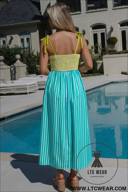 Green stripe scalloped contrast patchwork knot strap midi dress - maxi dresses