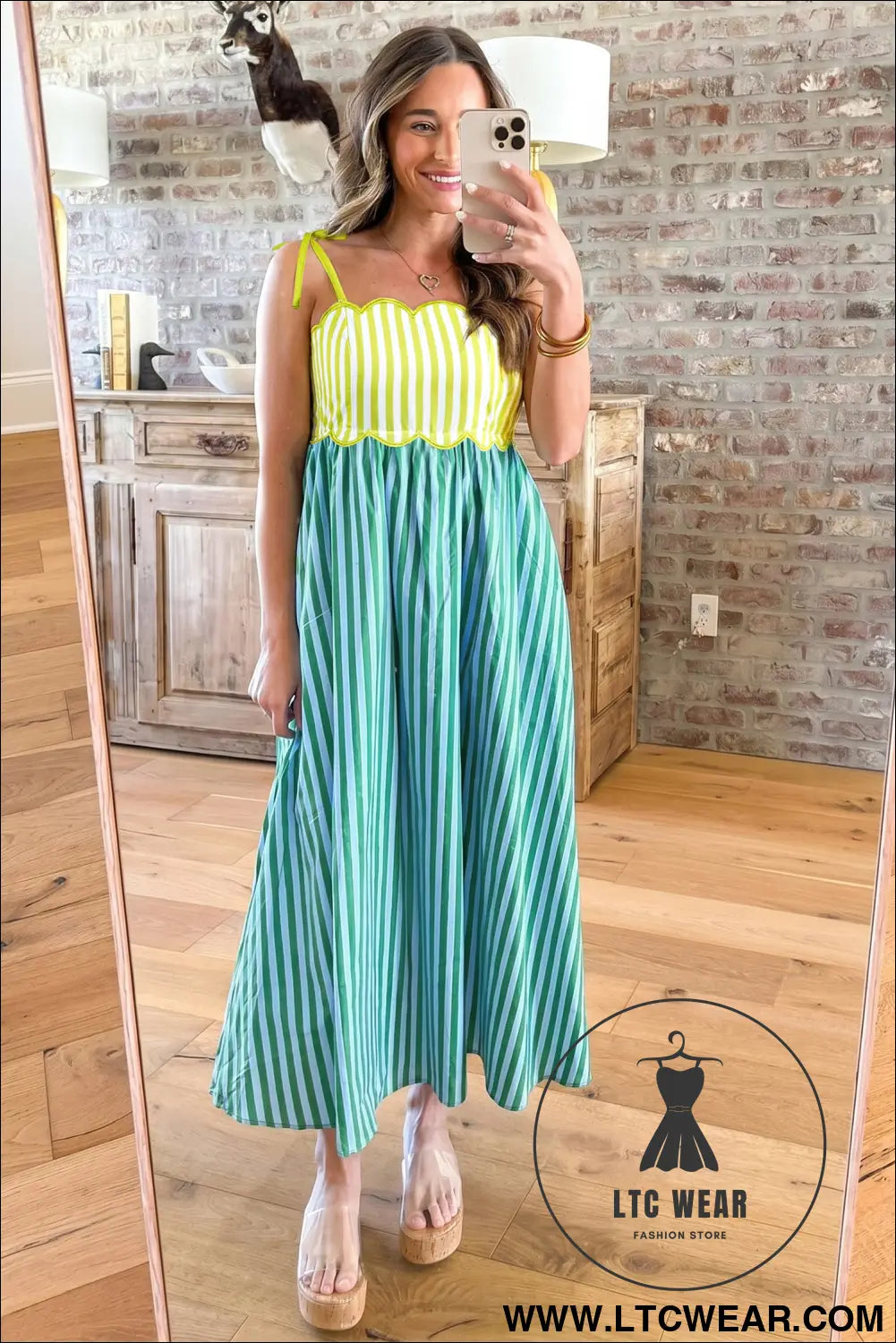 Green stripe scalloped contrast patchwork knot strap midi dress - maxi dresses