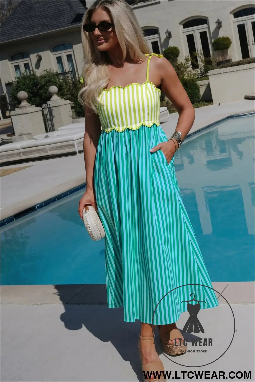 Green stripe scalloped contrast patchwork knot strap midi dress - maxi dresses