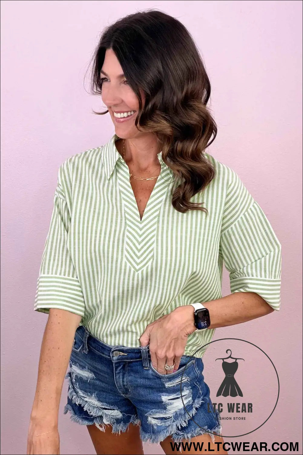 Green Stripe Shirt Collar Half Sleeve Blouse