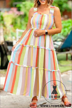 Green Striped Print Shirred Frilly Tiered Maxi Dress