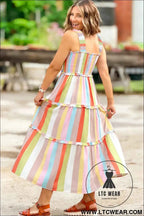 Green Striped Print Shirred Frilly Tiered Maxi Dress