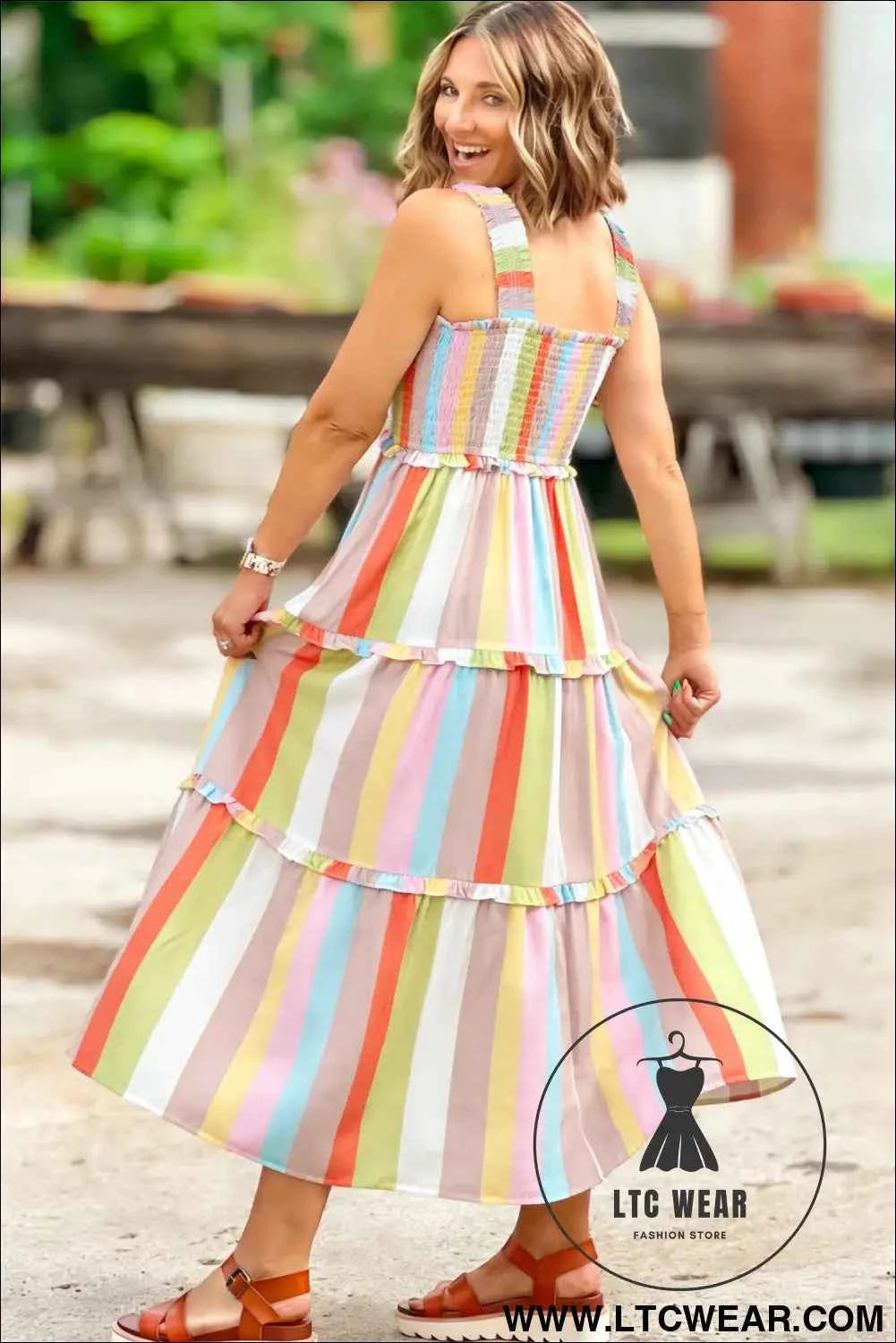 Green Striped Print Shirred Frilly Tiered Maxi Dress