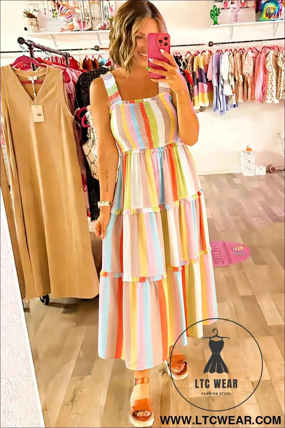 Green Striped Print Shirred Frilly Tiered Maxi Dress