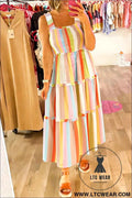 Green Striped Print Shirred Frilly Tiered Maxi Dress