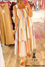 Green Striped Print Shirred Frilly Tiered Maxi Dress