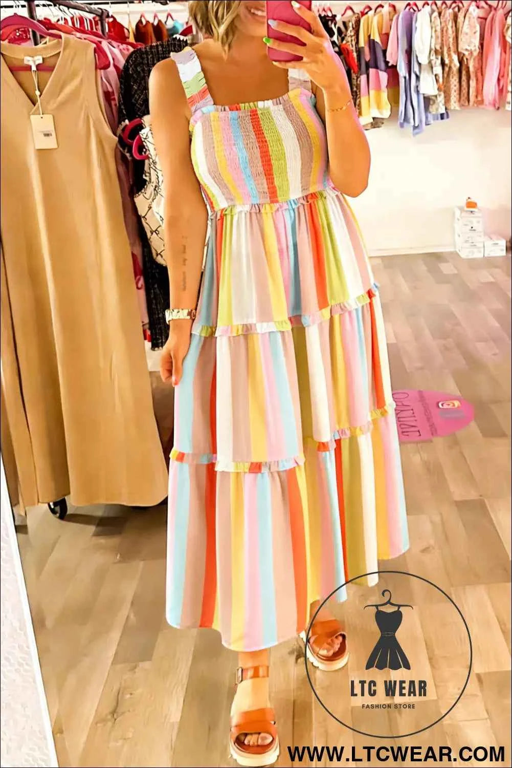 Green Striped Print Shirred Frilly Tiered Maxi Dress