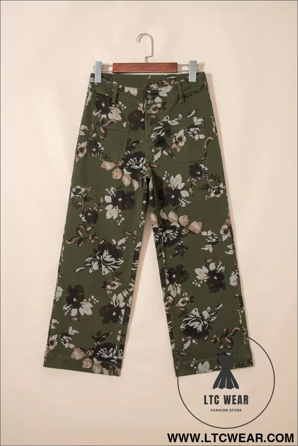 Green vintage floral print square patch pocket raw hem shift jeans - jeans