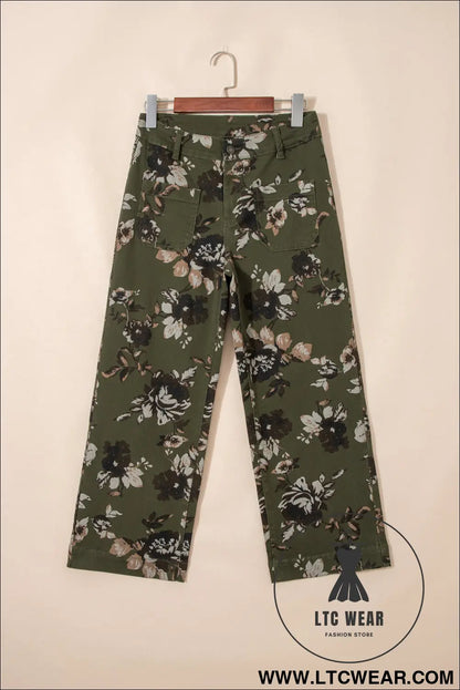 Green vintage floral print square patch pocket raw hem shift jeans - jeans