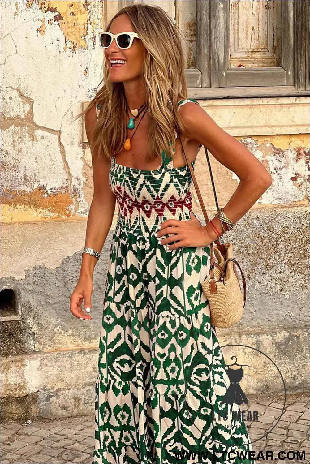 Green Western Aztec Shirred A-line Sleeveless Maxi Dress