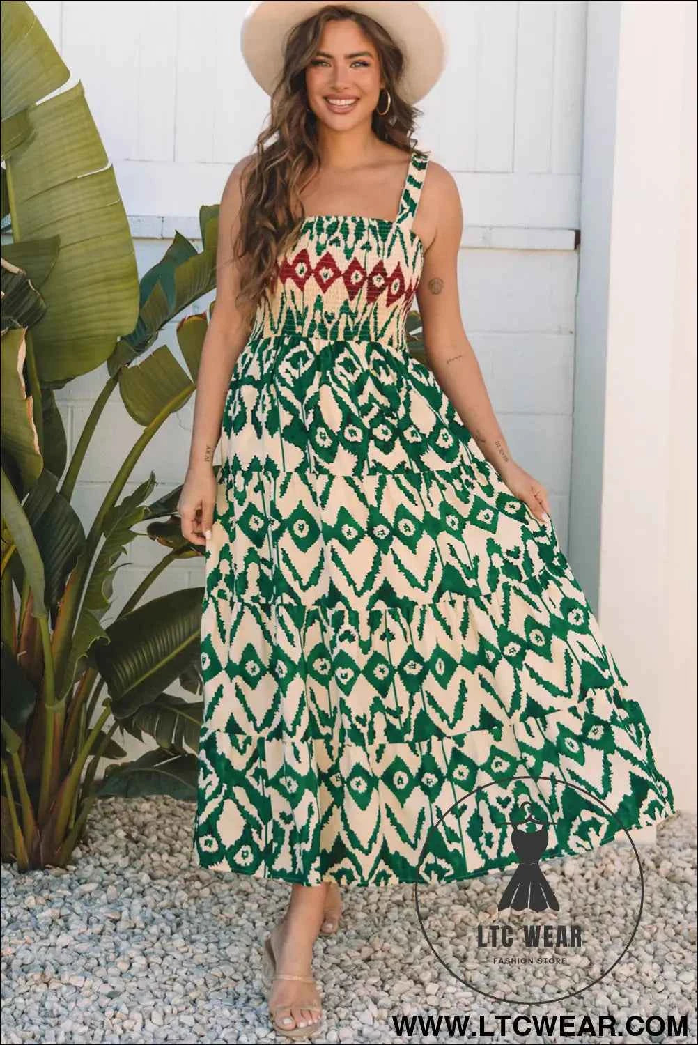 Green Western Aztec Shirred A-line Sleeveless Maxi Dress