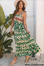 Green Western Aztec Shirred A-line Sleeveless Maxi Dress