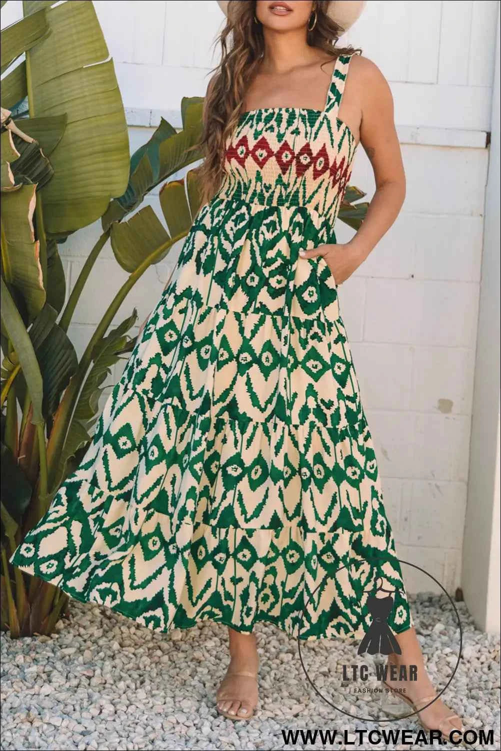 Green Western Aztec Shirred A-line Sleeveless Maxi Dress