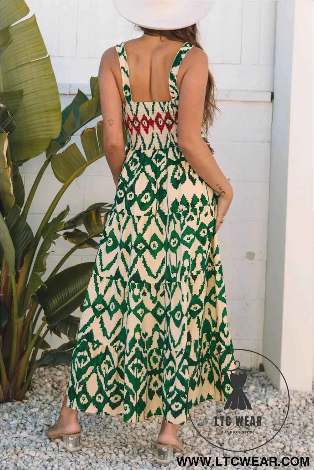 Green Western Aztec Shirred A-line Sleeveless Maxi Dress