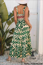 Green Western Aztec Shirred A-line Sleeveless Maxi Dress