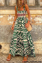 Green Western Aztec Shirred A-line Sleeveless Maxi Dress