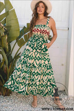Green Western Aztec Shirred A-line Sleeveless Maxi Dress