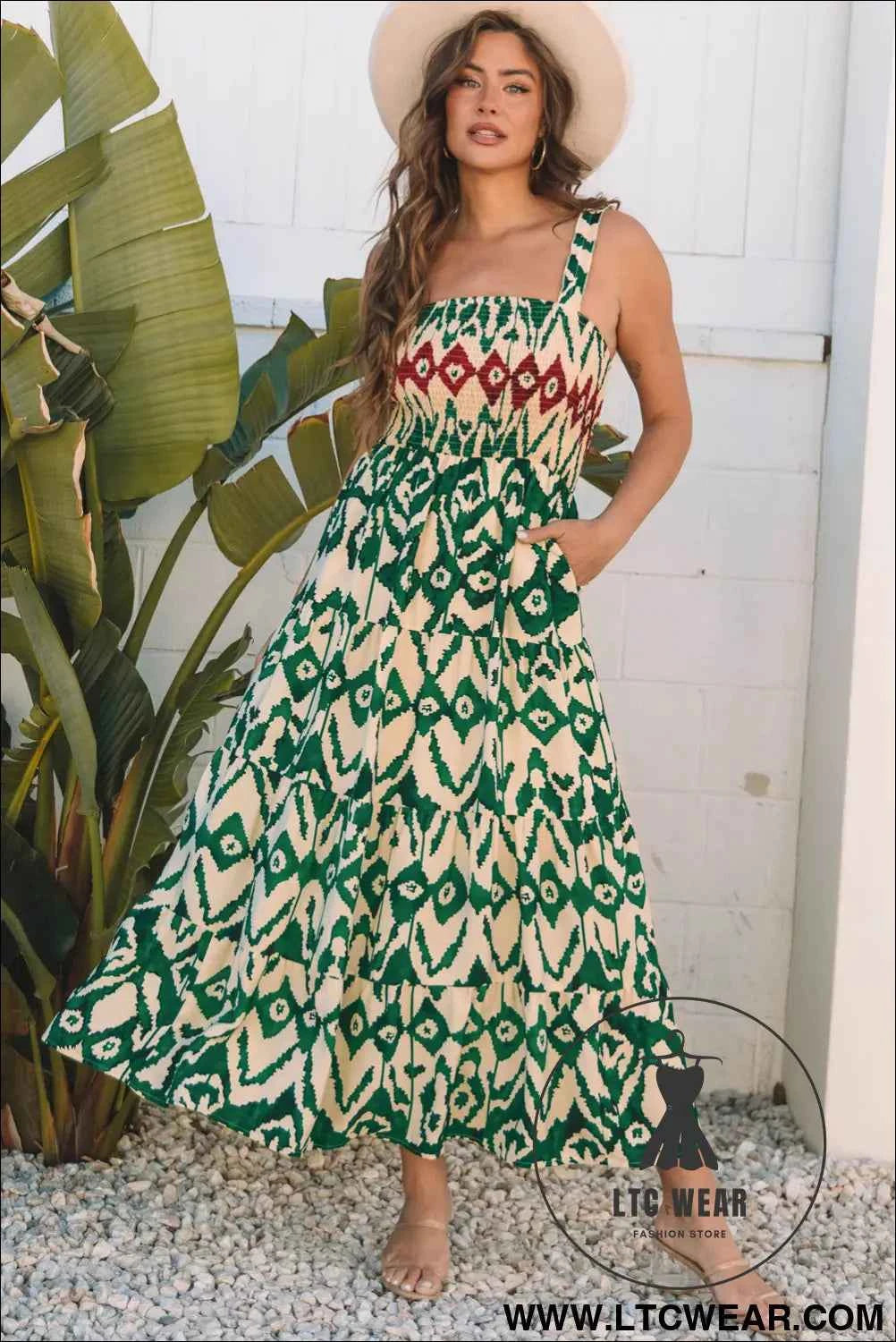 Green Western Aztec Shirred A-line Sleeveless Maxi Dress