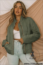 Green zip up pocket quilted cropped jacket - jackets
